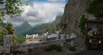 Movie still from “Hotel Transylvania” (2012), directed by Genndy Tartakovsky – An image of a mountain scene with a fence; Extreme Wide shot, High angle