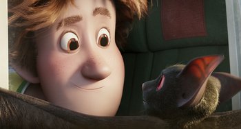 Movie still from “Hotel Transylvania” (2012), directed by Genndy Tartakovsky – A cat and a person in a car; Close Up shot, High angle