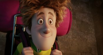 Movie still from “Hotel Transylvania” (2012), directed by Genndy Tartakovsky – A person's face with a backpack; Close Up shot, High angle