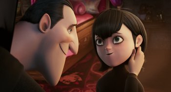 Movie still from “Hotel Transylvania” (2012), directed by Genndy Tartakovsky – A man and a woman looking at one another; Close Up shot, Over the shoulder angle