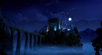 Movie still from “Hotel Transylvania” (2012), directed by Genndy Tartakovsky – An image of a castle in the middle of the night; Extreme Wide shot, Low angle