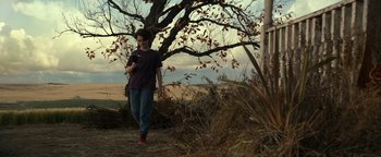 Movie still from “Ghostbusters: Afterlife” (2021), directed by Jason Reitman – A person walking near a tree in a field; Wide shot, Low angle