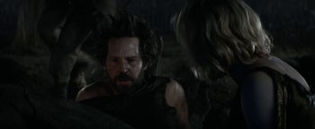 Movie still from “Ghostbusters: Afterlife” (2021), directed by Jason Reitman – A man with a beard is looking at another man with long hair; Close Up shot, Over the shoulder angle