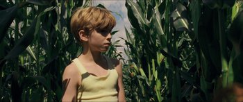 Movie still from “Goodnight Mommy” (2014), directed by Severin Fiala – A young boy standing in a corn field looking at the camera; Medium shot, High angle