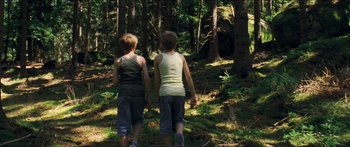 Movie still from “Goodnight Mommy” (2014), directed by Severin Fiala – Two young boys are walking through the woods; Wide shot, High angle