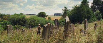 Movie still from “Goodnight Mommy” (2014), directed by Severin Fiala – A boy is standing in a field near a bunch of tombstones; Extreme Wide shot, High angle