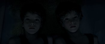 Movie still from “Goodnight Mommy” (2014), directed by Severin Fiala – Two young children are looking at the camera; Close Up shot, Overhead angle