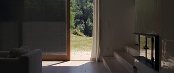 Movie still from “Goodnight Mommy” (2014), directed by Severin Fiala – A view of the outside of a house through a sliding glass door; Wide shot, Low angle