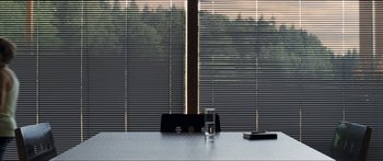 Movie still from “Goodnight Mommy” (2014), directed by Severin Fiala – A glass of water is on a table near a window; Wide shot, Over the shoulder angle
