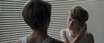 Movie still from “Goodnight Mommy” (2014), directed by Severin Fiala – Two young boys looking at each other in front of a mirror; Close Up shot, Over the shoulder angle