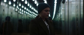Movie still from “Greta” (2018), directed by Neil Jordan – A woman wearing a hat and a jacket; Close Up shot, Low angle