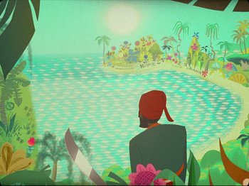 Movie still from “Guava Island” (2019), directed by Hiro Murai – A man sitting in front of an ocean view; Extreme Wide shot, High angle