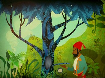 Movie still from “Guava Island” (2019), directed by Hiro Murai – A painting of a man painting a tree with a paintbrush in his hand; Wide shot, Overhead angle