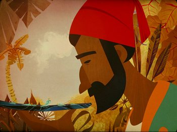 Movie still from “Guava Island” (2019), directed by Hiro Murai – A painting of a man with a red hat looking at a boat in the water; Extreme Close Up shot, Overhead angle