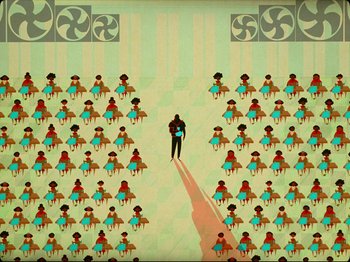 Movie still from “Guava Island” (2019), directed by Hiro Murai – A person standing in front of a group of people; Extreme Wide shot, Overhead angle