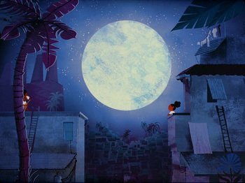 Movie still from “Guava Island” (2019), directed by Hiro Murai – A full moon is shining in the night sky; Extreme Wide shot, Low angle