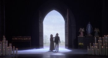 Movie still from “Hair” (1979), directed by Milos Forman – Two people standing in front of an open door; Wide shot, Low angle