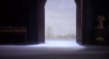 Movie still from “Hair” (1979), directed by Milos Forman – An open door leading to a foggy field with a tree in the distance; Extreme Wide shot, High angle