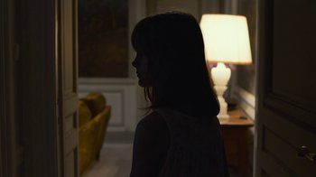 Movie still from “Happy End” (2017), directed by Michael Haneke – A woman standing in the dark in front of a lamp; Medium shot, Over the shoulder angle
