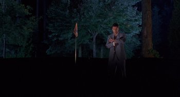 Movie still from “Happy Gilmore” (1996), directed by Dennis Dugan – A man standing in front of a golf flag; Extreme Wide shot, Low angle