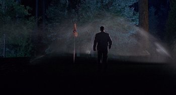 Movie still from “Happy Gilmore” (1996), directed by Dennis Dugan – A man standing in the dark near a flag; Extreme Wide shot, Low angle