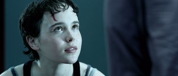 Movie still from “Hard Candy” (2005), directed by David Slade – A young woman with a bandage on her head; Close Up shot, Over the shoulder angle