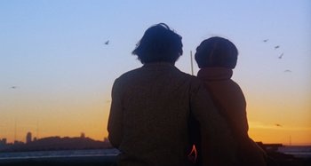 Movie still from “Harold and Maude” (1971), directed by Hal Ashby – Two people looking out over a body of water at sunset; Medium shot, Low angle