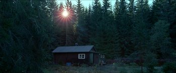 Movie still from “Headhunters” (2011), directed by Morten Tyldum – A cabin in the middle of the woods with the sun shining; Extreme Wide shot, Low angle
