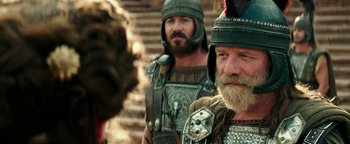 Movie still from “Hercules” (2014), directed by Brett Ratner – A couple of men dressed up in ancient roman clothing; Close Up shot, Over the shoulder angle