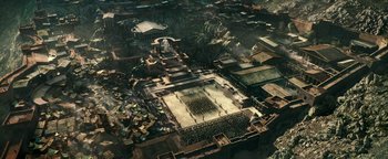 Movie still from “Hercules” (2014), directed by Brett Ratner – An aerial view of an ancient city with many buildings; Extreme Wide shot, High angle