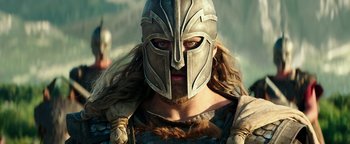 Movie still from “Hercules” (2014), directed by Brett Ratner – A person wearing a helmet; Close Up shot, Low angle