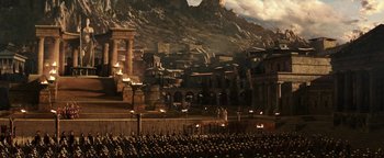 Movie still from “Hercules” (2014), directed by Brett Ratner – A crowd of people standing in front of a building; Extreme Wide shot, High angle