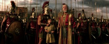 Movie still from “Hercules” (2014), directed by Brett Ratner – A group of people dressed up as roman soldiers; Medium shot, Low angle