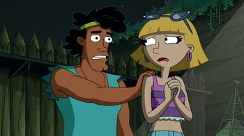 Movie still from “Hey Arnold: The Jungle Movie” (2017), directed by Raymie Muzquiz – A man and a woman standing next to each other; Medium shot, Over the shoulder angle