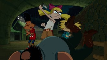 Movie still from “Hey Arnold: The Jungle Movie” (2017), directed by Raymie Muzquiz – A group of people standing in a room; Wide shot, Over the shoulder angle
