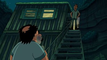 Movie still from “Hey Arnold: The Jungle Movie” (2017), directed by Raymie Muzquiz – A man standing at the top of a flight of stairs; Wide shot, Low angle