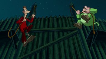 Movie still from “Hey Arnold: The Jungle Movie” (2017), directed by Raymie Muzquiz – Two cartoon characters are jumping over a fence; Wide shot, Overhead angle