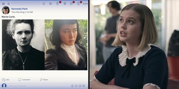 Movie still from “Honor Society” (2022), directed by Oran Zegman – Two pictures side by side , one of a young woman and the other of an older woman; Close Up shot, Over the shoulder angle