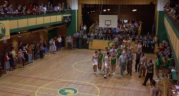 Movie still from “Hoosiers” (1986), directed by David Anspaugh – A group of men on a court with a crowd of people watching; Extreme Wide shot, High angle
