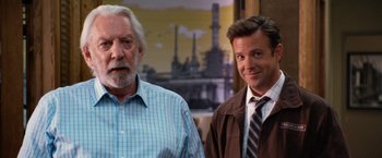Movie still from “Horrible Bosses” (2011), directed by Seth Gordon – Two men standing next to each other in front of an oil refinery; Close Up shot, Over the shoulder angle