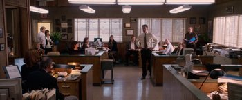 Movie still from “Horrible Bosses” (2011), directed by Seth Gordon – A group of people sitting around a room; Wide shot, High angle