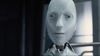 Movie still from “I, Robot” (2004), directed by Alex Proyas – The head of a robot; Close Up shot, High angle