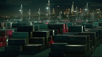 Movie still from “I, Robot” (2004), directed by Alex Proyas – Many containers in the middle of the city; Extreme Wide shot, High angle