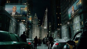 Movie still from “I, Robot” (2004), directed by Alex Proyas – A city street filled with lots of traffic at night time; Extreme Wide shot, Low angle