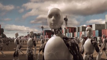 Movie still from “I, Robot” (2004), directed by Alex Proyas – A group of people standing next to each other in a field; Extreme Wide shot, High angle