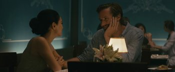 Movie still from “Hotel Mumbai” (2018), directed by Anthony Maras – A man and a woman sitting at a dinner table; Close Up shot, Over the shoulder angle