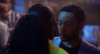 Movie still from “House Party” (2023), directed by Calmatic – A man and a woman talking to each other; Close Up shot, Over the shoulder angle