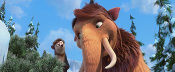 Movie still from “Ice Age: Continental Drift” (2012), directed by Michael Thurmeier – An ice age character and an animal; Close Up shot, Low angle