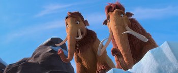 Movie still from “Ice Age: Continental Drift” (2012), directed by Michael Thurmeier – A couple of brown and white animals standing next to each other; Close Up shot, Low angle