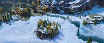 Movie still from “Ice Age: Continental Drift” (2012), directed by Michael Thurmeier – An image of an animated video game scene; Extreme Wide shot, Overhead angle